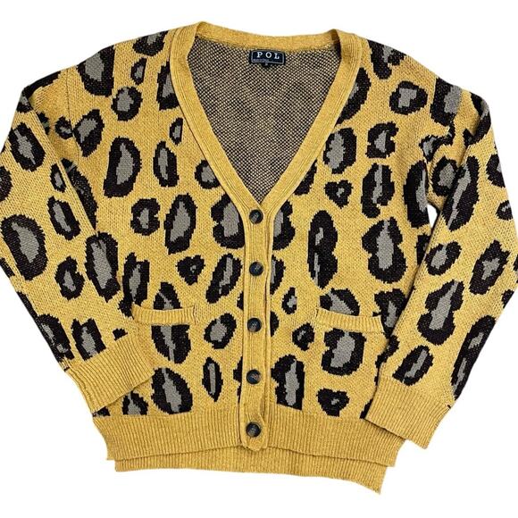 POL Yellow Leopard Animal Print Button Up Cardigan- Small‎ - Picture 1 of 11
